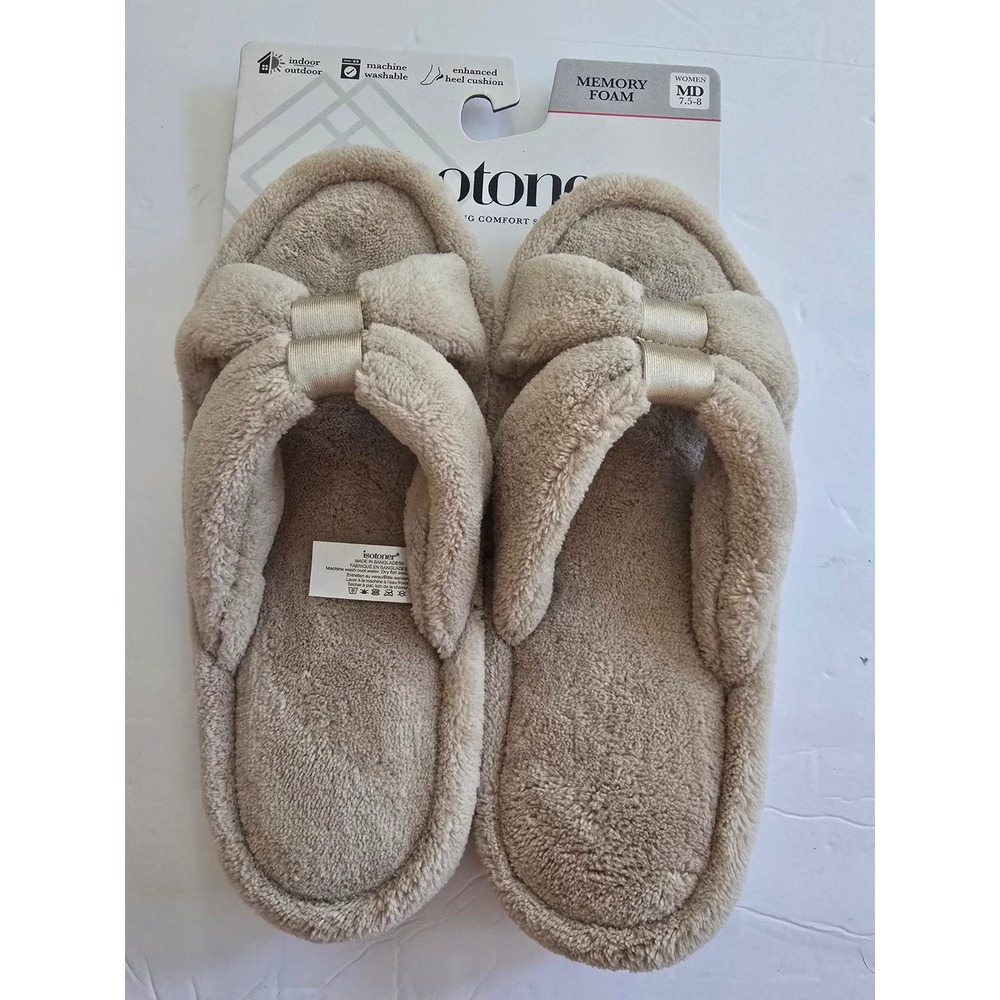 Isotoner Womens Memory Foam Slippers Taupe Plush Bow Slides MD 7.5-8 NWT